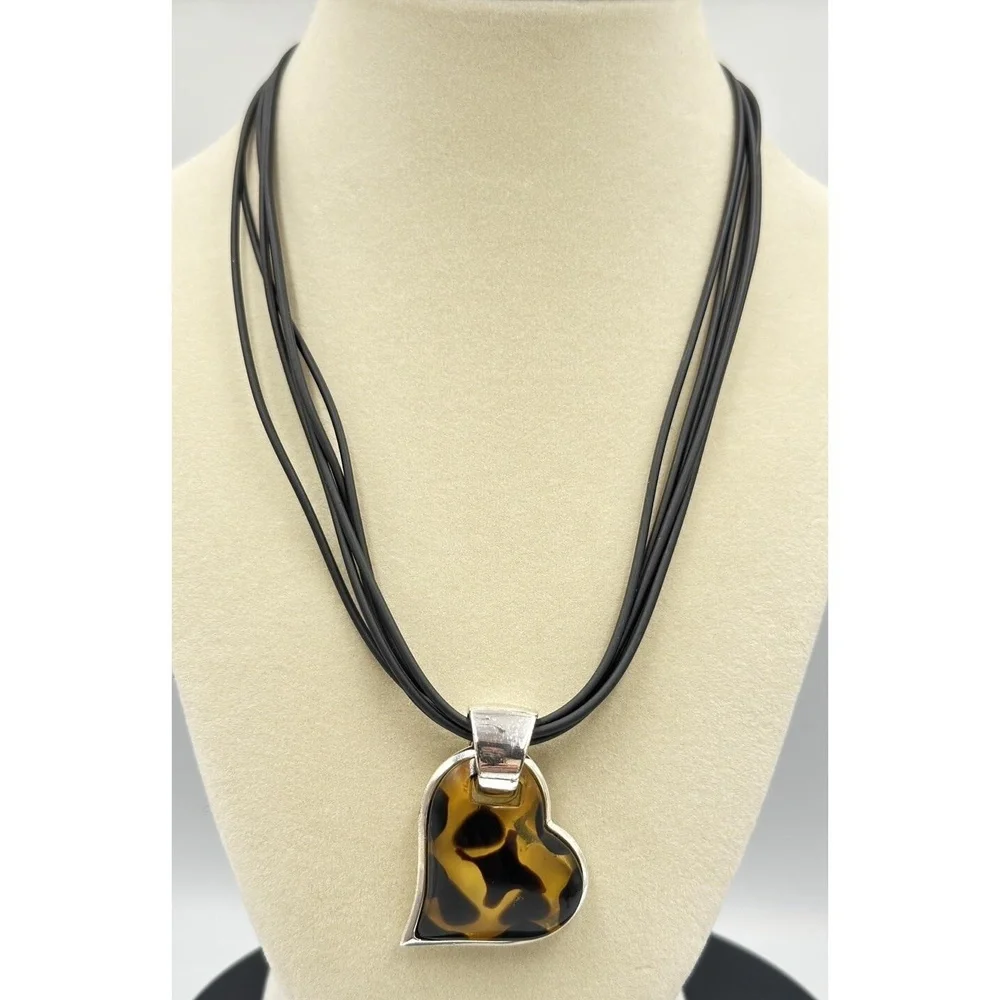 Vintage Avon Faux Tortoise Acrylic‎ Heart Pendant Multi Cord Valentine Necklace